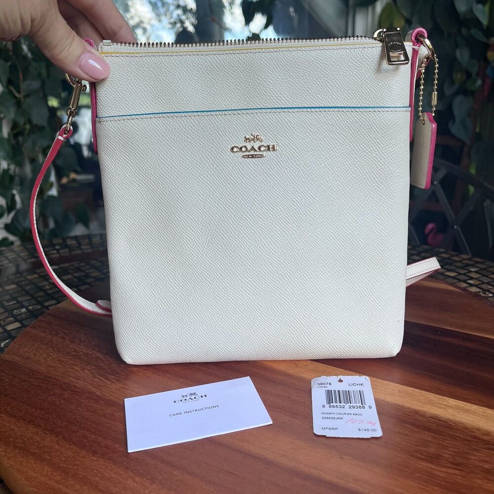 Coach Courier Cream Crossbody Crossgrain Leather Blue Red Trim NWT